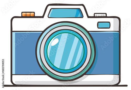 Cartoon Photo Camera Illustrates Photography Hobby with Lens, Buttons, and Viewing Panel in Blue and White