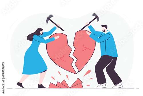 Couple destroying broken heart symbol with axes illustrating relationship conflict and divorce