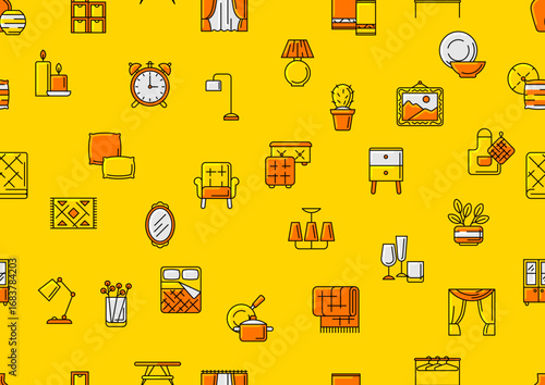 Home decor icons pattern. Domestic items thin line illustration.