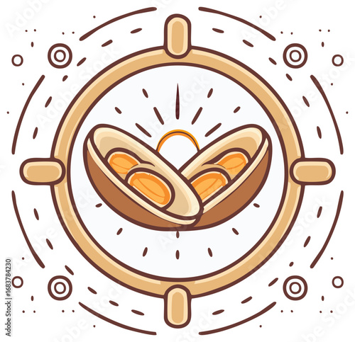 Stylized Dates Illustration with Circle Frames and Sunshine, Symbolic Graphic, Traditional Fruit