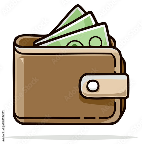 Brown cartoon wallet full of green cash banknotes, symbol of financial wealth and prosperity