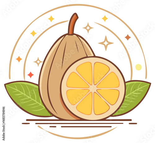 Stylized illustration of a whole and sliced etrog citron fruit with leaves for the Jewish holiday of Sukkot
