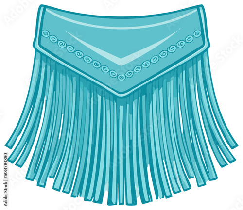 Turquoise shawl illustration with fringe and decorative swirls, vector image