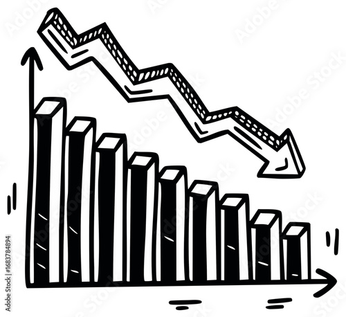 Hand Drawn Chart with Declining Arrow, Market Crash, Financial Crisis, Stock Drop