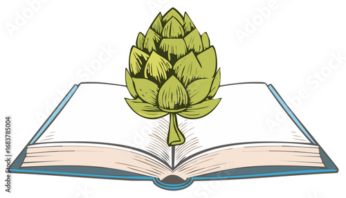 Line art: open book with green artichoke on pages. Knowledge, education, reading and vegetarian concepts.