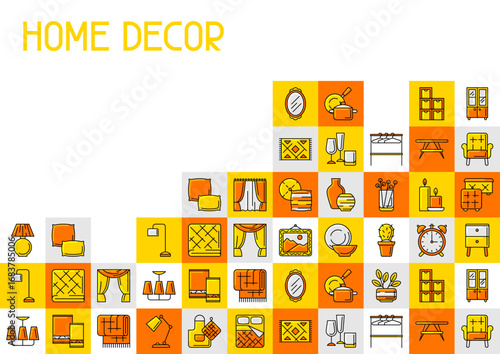 Home decor icons background. Domestic items thin line illustration.