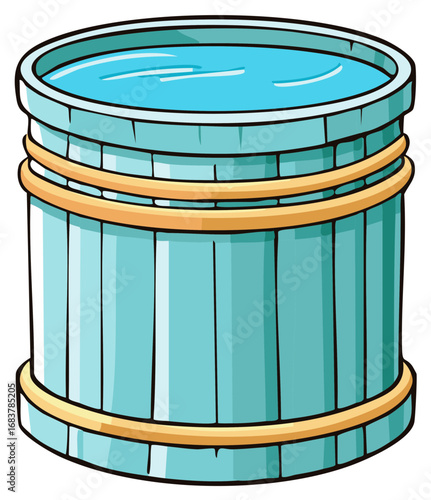 Wooden Water Bucket Filled with Blue Water Illustration
