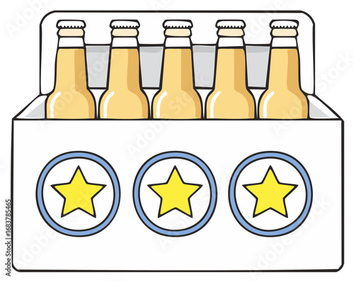 Six pack of glass beer bottles in a carrier box with a star logo simple vector cartoon illustration