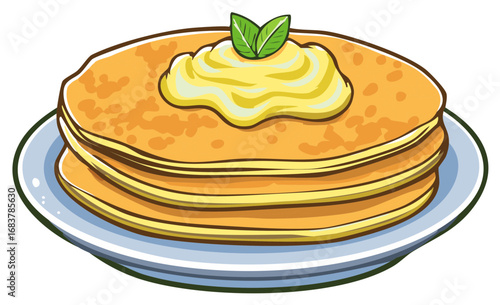 Cartoon Pancakes Stack with Butter and Mint Leaves on Plate Breakfast