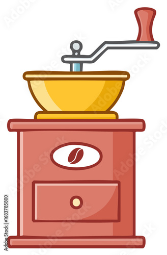 Cartoon illustration of a classic hand crank coffee grinder mill