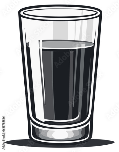 Clear drinking glass filled with dark liquid casts a shadow