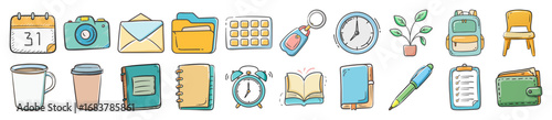 Office work and productivity doodle icons set - Collection of hand drawn office doodle icons featuring calendar, clock, notebook, coffee, backpack, plant, stationery, and workspace essentials.