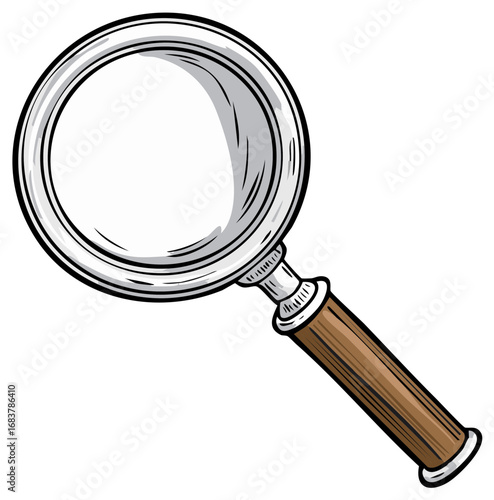 Classic Magnifying Glass with Wood Handle Featuring a Detailed Metallic Frame and Clear Lens