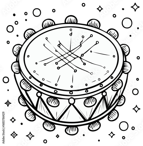 Hand drawn line art of a tambourine with decorative elements