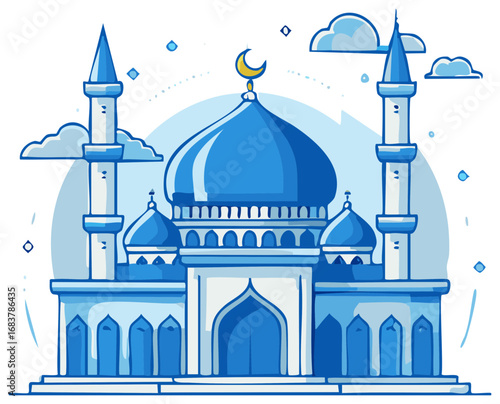 Stylized illustration of a mosque with minarets, a dome, and a crescent moon icon