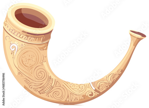 Ornate Decorative Horn with Intricate Swirls and Geometric Patterns in Beige