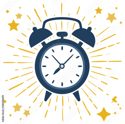 Stylized Blue Alarm Clock Icon with Yellow Stars and Sunburst Wake Up Concept