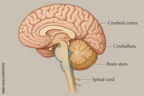 Human Brain Anatomy: Cerebral Cortex, Cerebellum, Brain Stem, and Spinal Cord - Illustration