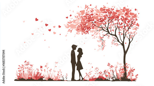 Romantic couple silhouette under a love tree with falling hearts evoking feelings of affection