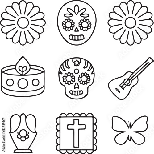 Day of the Dead symbols, Day of the Dead skull vector, Day of the Dead skeleton icons, Day of the Dead mask outline, Day of the Dead altar design, editable Day of the Dead cultural icon set