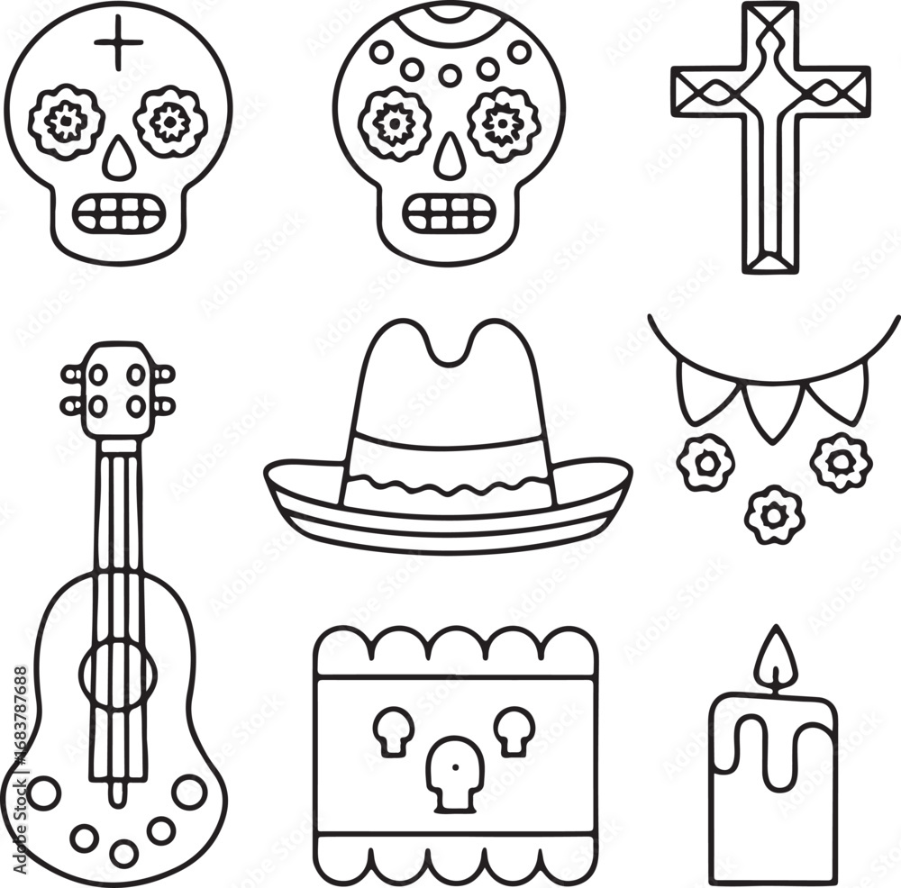 Obraz premium Day of the Dead icons, Day of the Dead sugar skull design, Day of the Dead skeleton outline, Day of the Dead guitar symbols, Day of the Dead altar vector, editable Day of the Dead holiday festival set