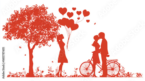 Romantic Valentines Day Illustration with Kissing Couple Girl Holding Balloons and Tree Silhouette