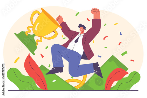 Man triumphantly celebrates winning a golden trophy amidst falling confetti and greenery
