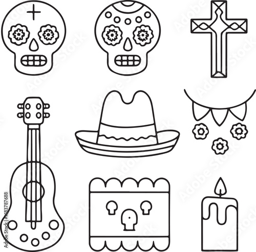Day of the Dead icons, Day of the Dead sugar skull design, Day of the Dead skeleton outline, Day of the Dead guitar symbols, Day of the Dead altar vector, editable Day of the Dead holiday festival set