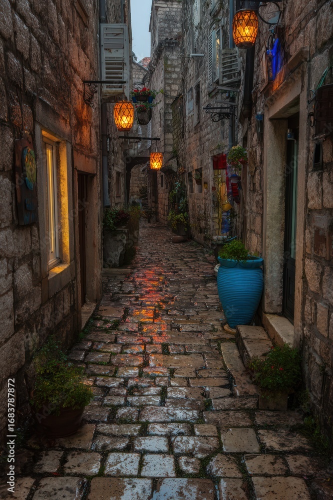 Fototapeta premium Cobblestone alleyway evening light