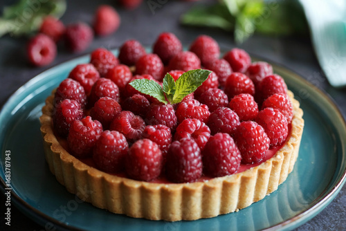 Close up of a fresh raspberry tart topped with mint leaves on a blue plate fruit dessert
