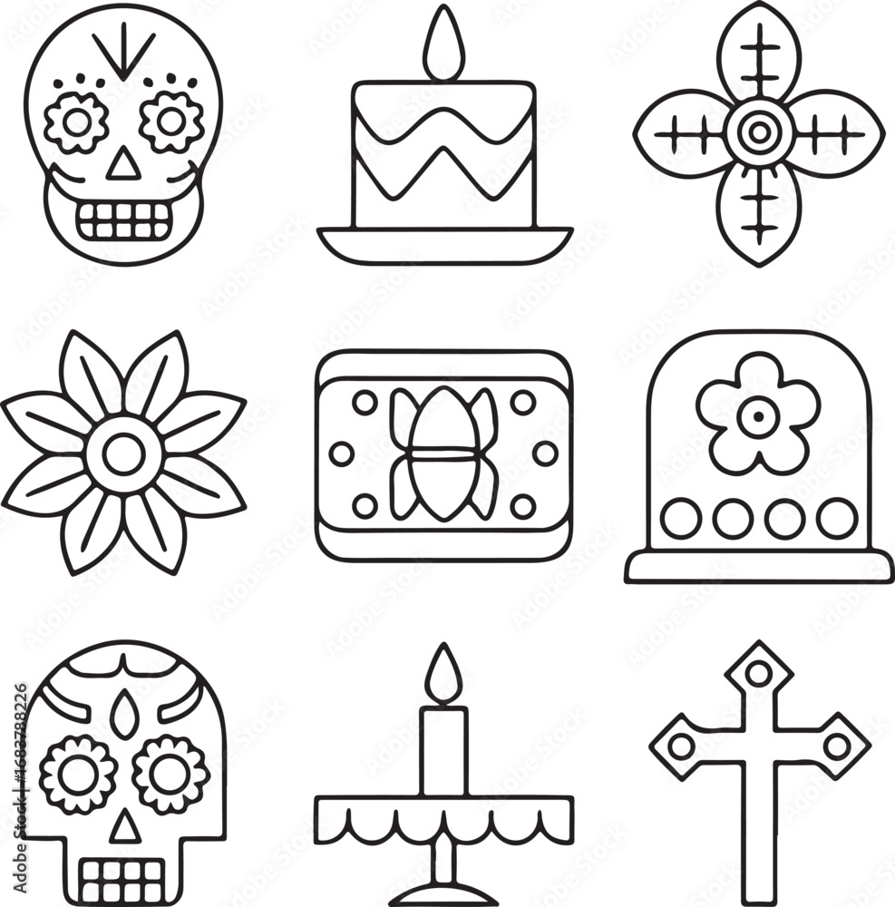 Fototapeta premium Day of the Dead vector, Day of the Dead skeleton icons, Day of the Dead mask outline, Day of the Dead altar design, Day of the Dead skull symbols, editable Day of the Dead cultural celebration set