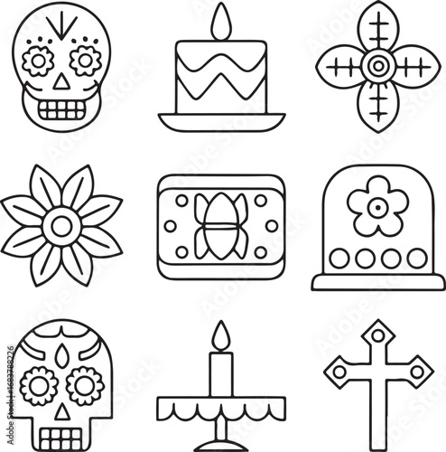 Day of the Dead vector, Day of the Dead skeleton icons, Day of the Dead mask outline, Day of the Dead altar design, Day of the Dead skull symbols, editable Day of the Dead cultural celebration set