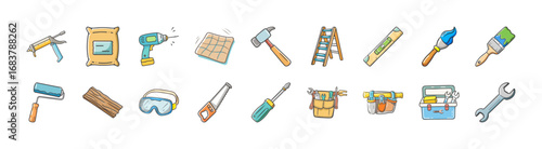 Construction and home repair tools icon set - Collection of colorful icons featuring construction tools, woodworking equipment, painting supplies, and DIY repair essentials for building and renovation