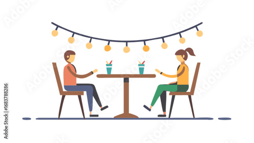 Illustration of couple at outdoor cafe restaurant date night with cocktails and string lights decor