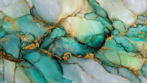 Abstract marble texture background with gold lines, light green, and turquoise colors