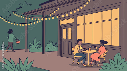 Night outdoor cafe scene with string lights and people dining illustration for restaurant promotion