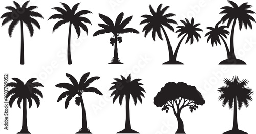 Minimalist black tropical tree icon set – hand-drawn silhouettes of palm trees and exotic foliage for botanical design, landscape planning, and nature-inspired visuals.