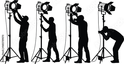 Studio lighting setup, silhouette illustration, photographers and crew, adjusting lights, camera operation, professional equipment, black vector art, behind-the-scenes photo shoot