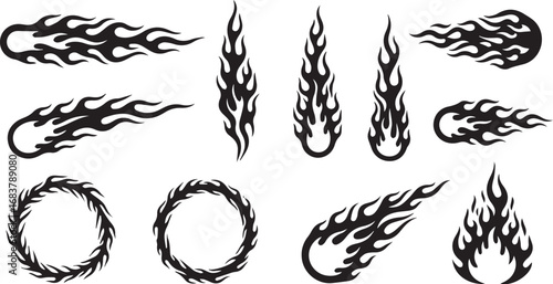 Minimalist black flame icon set – hand-drawn silhouettes of fireballs, streaks, and circular flames for tattoos, decals, graphic design, and energetic visuals.