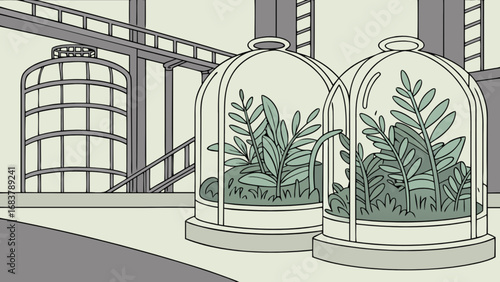 Botanical garden illustration with plants under glass domes and industrial architecture background