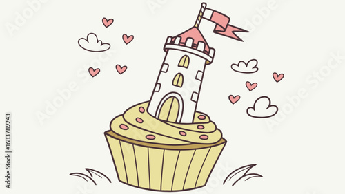 Cupcake castle drawing vector illustration, sweet dessert, fantasy architecture, cute hearts art