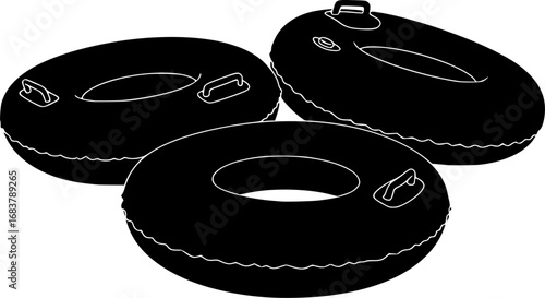 Three black inflatable river tubes for summer water recreation activities silhouette
