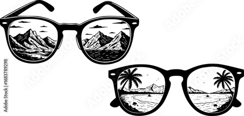 Two pairs of sunglasses reflecting mountain and tropical beach scenes silhouette
