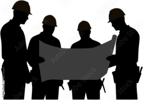 Four construction workers in hard hats reviewing blueprints and plans silhouette
