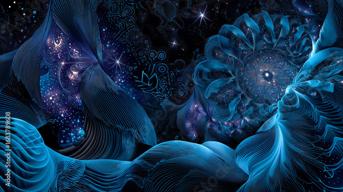 Abstract fractal patterns and shapes. Infinite universe.Mysterious psychedelic relaxation pattern. Dynamic flowing natural forms. Sacred geometry.Mystical branches and waves . 3D render.