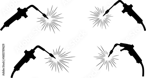 Four black silhouettes of welding torches with sparks on white background
