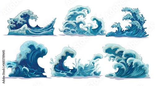 Set of Illustrated Ocean Waves with Swirling Water and Foaming Crests Depicted in Cartoon Style