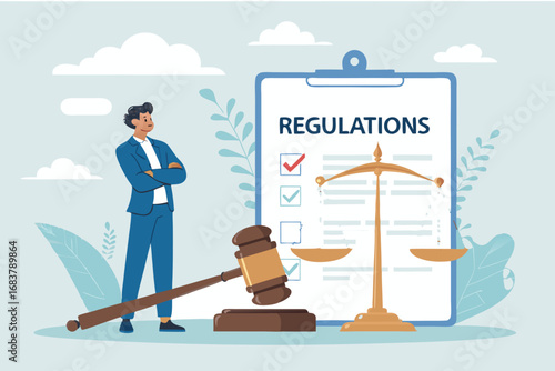 Business professional and legal scales near regulations document with gavel representing law and order