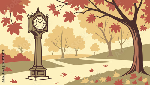Illustration of autumn park scene with grandfather clock, fall leaves, and trees in warm colors