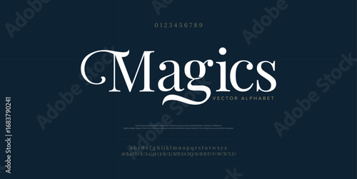 Magics Luxury wedding alphabet letters font with tails. Typography elegant classic lettering serif fonts and number decorative vintage retro concept for logo branding. vector illustration
